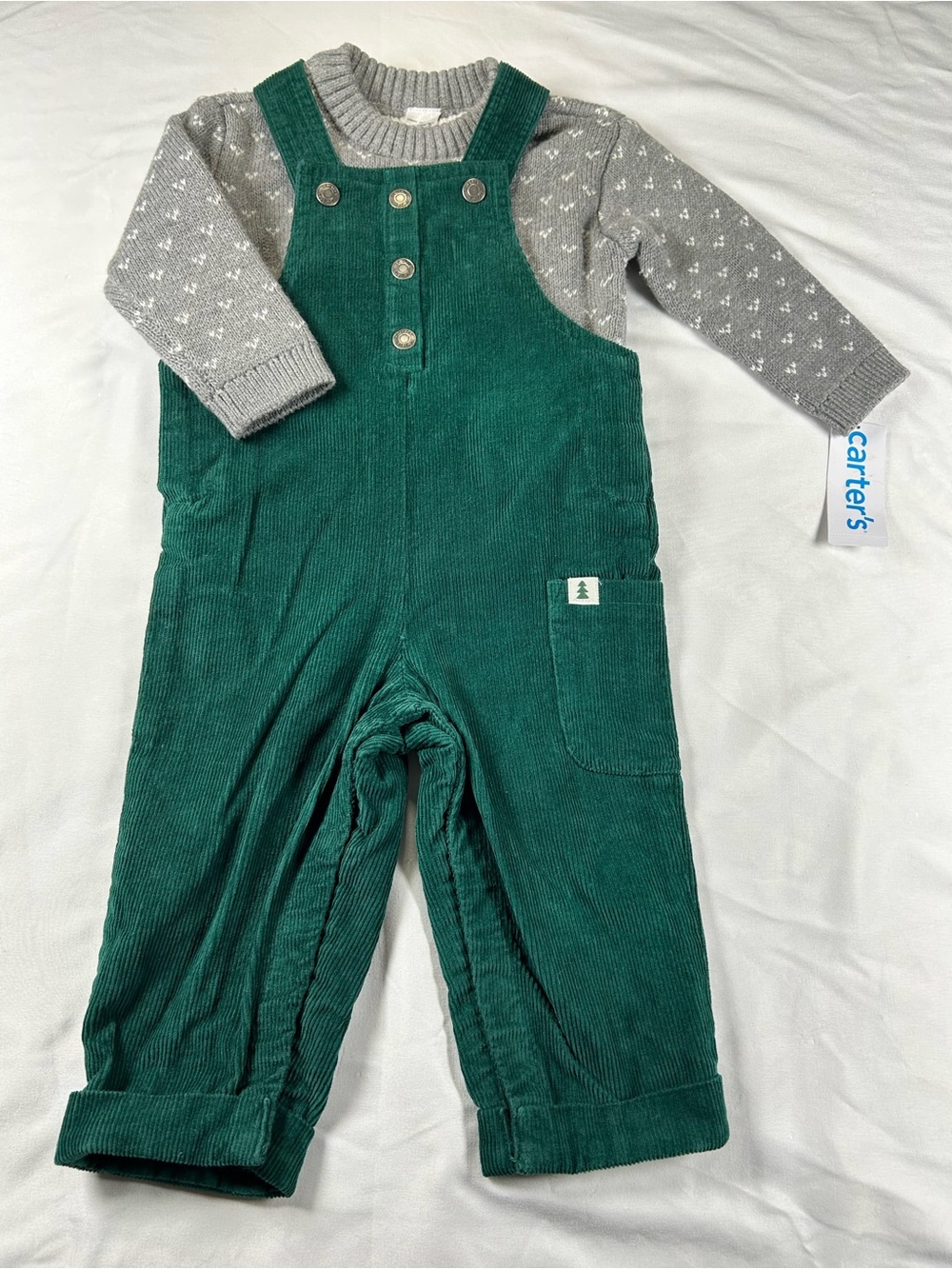Carter's Green Corduroy Overalls with Gray Knit Top
